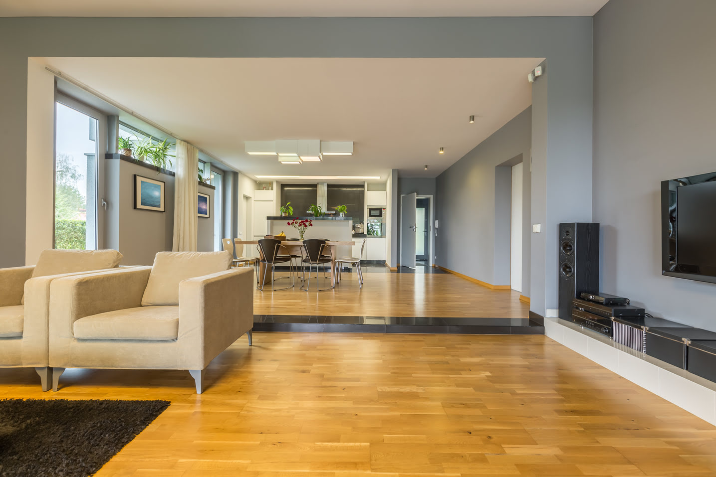 Salon ouvert avec parquet bois